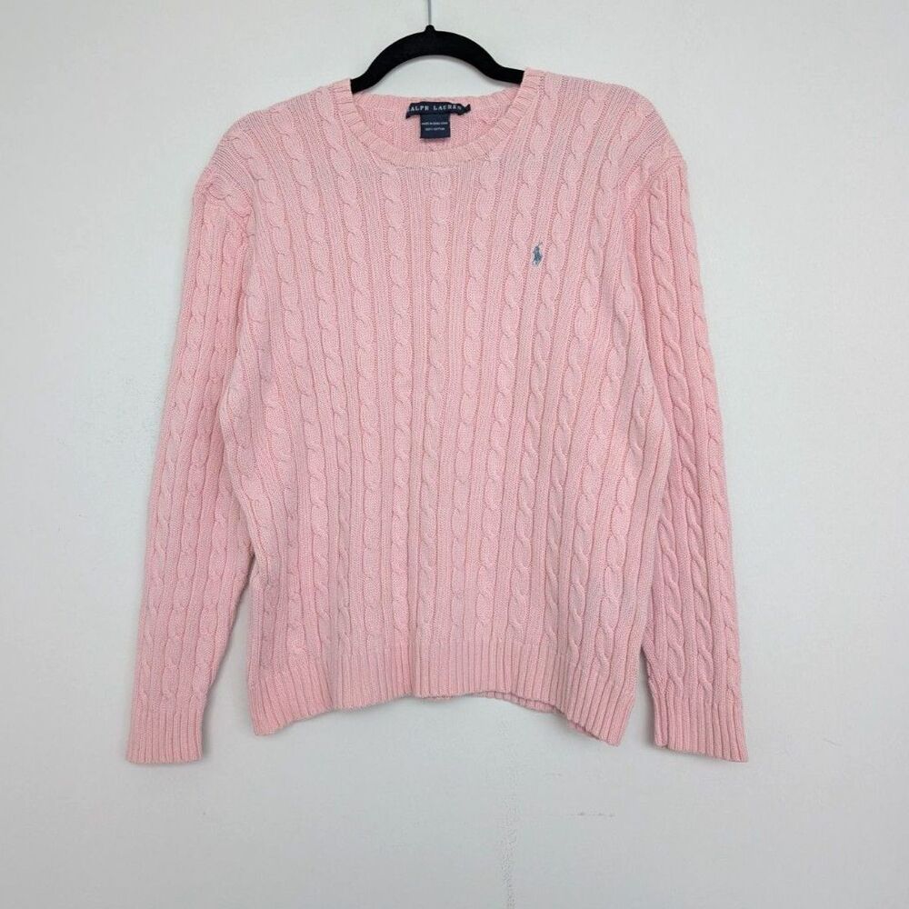 Vintage Ralph Lauren Cable Knit Crew Neck Cotton Sweater Logo Embroidery Sz L